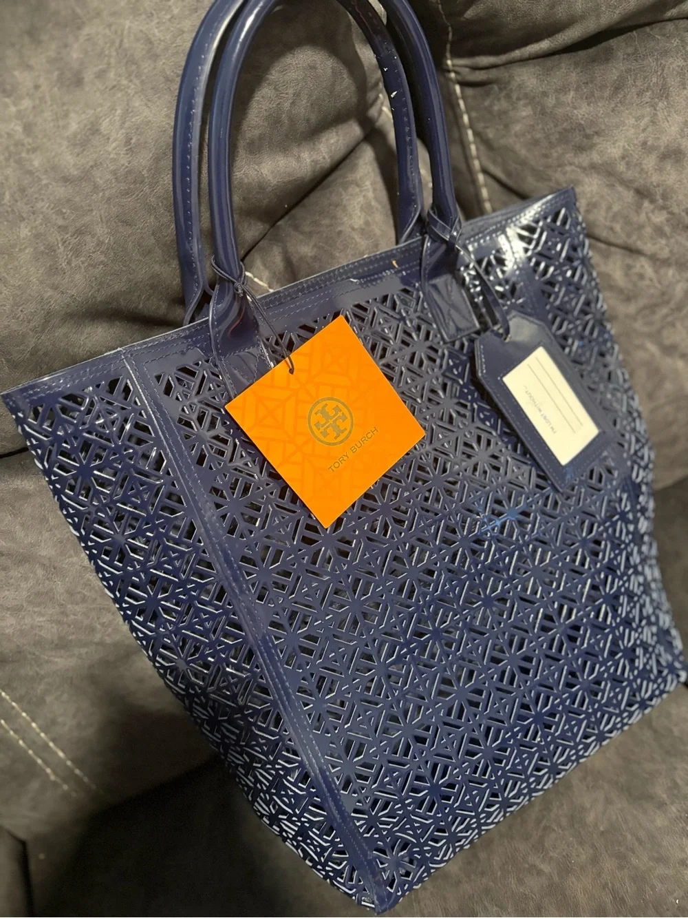 Tory Burch Navy Laser-Cut Leather Tote with Tag